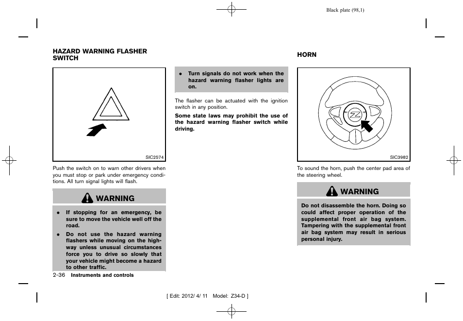 Hazard warning flasher switch -36 horn -36, Warning | NISSAN 2013 370Z Roadster - Owner's Manual User Manual | Page 100 / 427