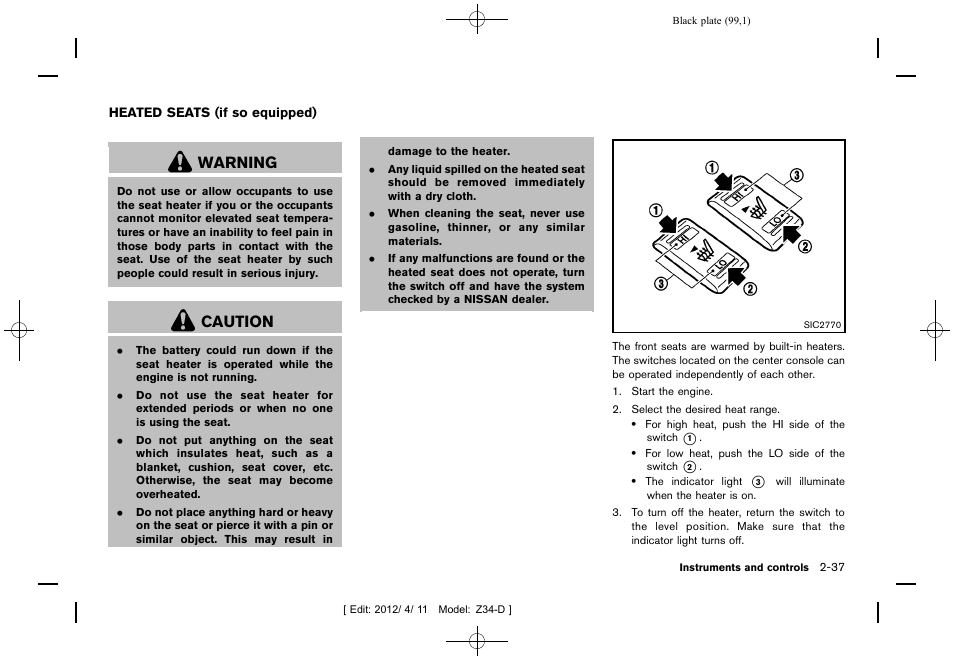 Heated seats (if so equipped) -37, Warning, Caution | NISSAN 2013 370Z Roadster - Owner's Manual User Manual | Page 101 / 427