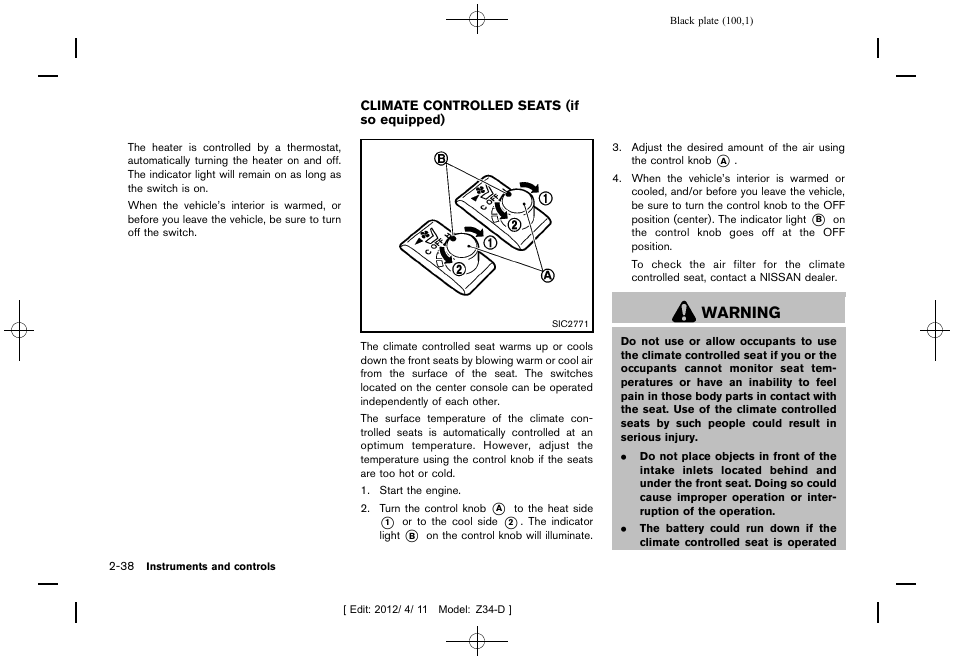 Climate controlled seats (if so equipped) -38, Warning | NISSAN 2013 370Z Roadster - Owner's Manual User Manual | Page 102 / 427