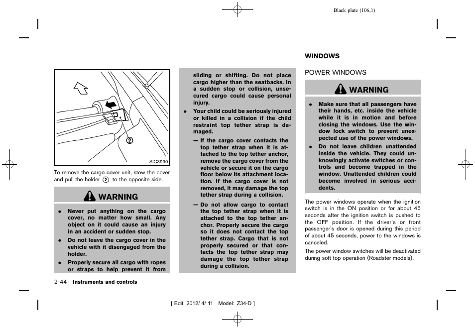 Windows -44, Power windows -44, Warning | NISSAN 2013 370Z Roadster - Owner's Manual User Manual | Page 108 / 427