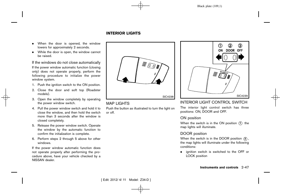 Interior lights -47, Map lights -47 interior light control switch -47 | NISSAN 2013 370Z Roadster - Owner's Manual User Manual | Page 111 / 427