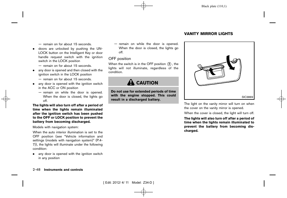 Vanity mirror lights -48, Caution | NISSAN 2013 370Z Roadster - Owner's Manual User Manual | Page 112 / 427