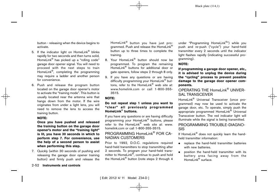 Programming homelink, Canadian customers -52 operating the homelink, Universal transceiver -52 | Programming trouble-diagnosis -52 | NISSAN 2013 370Z Roadster - Owner's Manual User Manual | Page 116 / 427