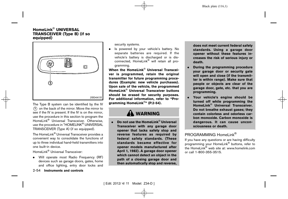 Homelink, Universal transceiver (type b), If so equipped) -54 | Programming homelink, Warning | NISSAN 2013 370Z Roadster - Owner's Manual User Manual | Page 118 / 427