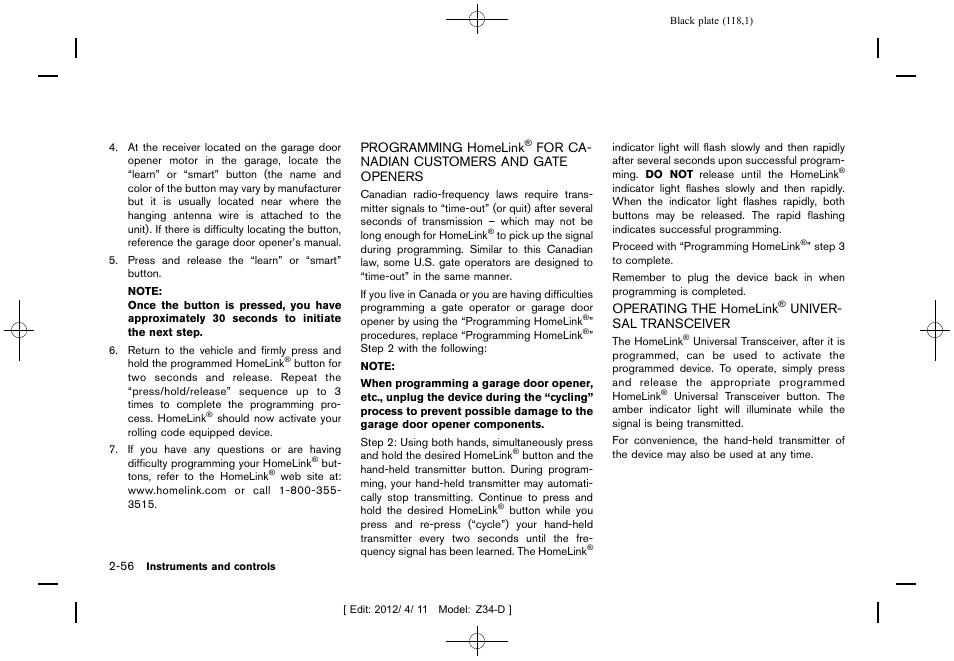 Programming homelink, For canadian customers, And gate openers -56 operating the homelink | Universal transceiver -56 | NISSAN 2013 370Z Roadster - Owner's Manual User Manual | Page 120 / 427