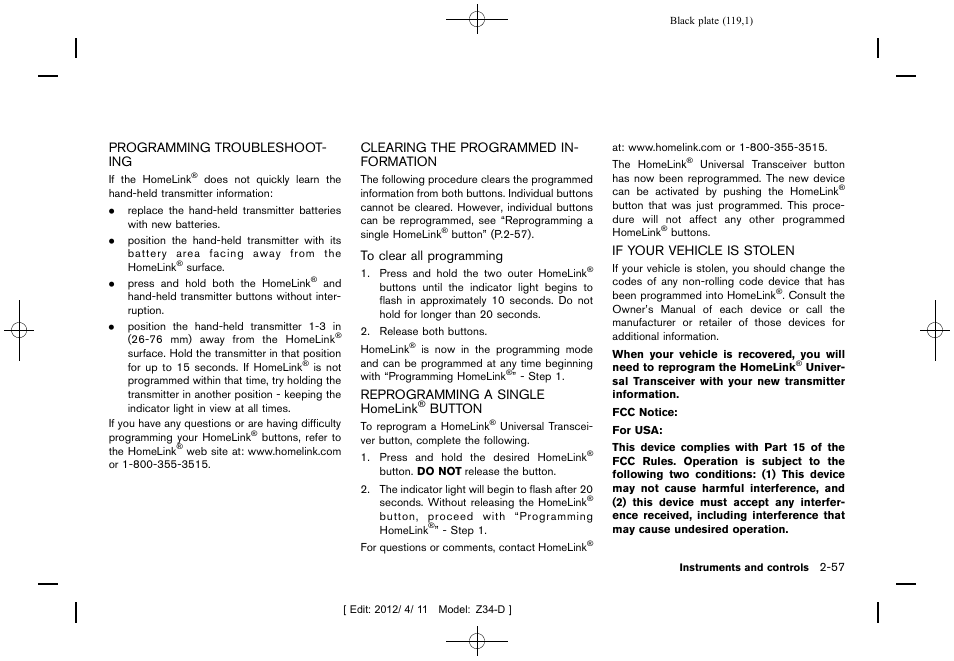 Button -57, If your vehicle is stolen -57 | NISSAN 2013 370Z Roadster - Owner's Manual User Manual | Page 121 / 427