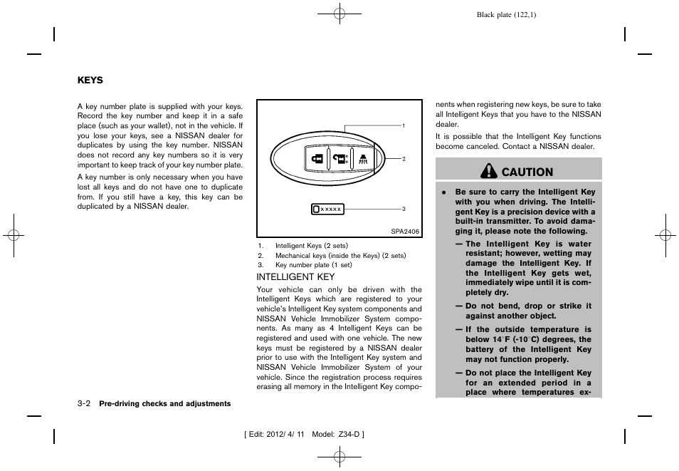 Keys -2, Intelligent key -2, Caution | NISSAN 2013 370Z Roadster - Owner's Manual User Manual | Page 124 / 427