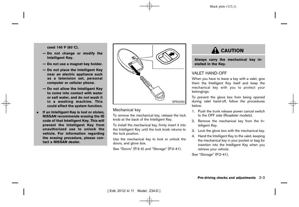 Valet hand-off -3, Caution | NISSAN 2013 370Z Roadster - Owner's Manual User Manual | Page 125 / 427