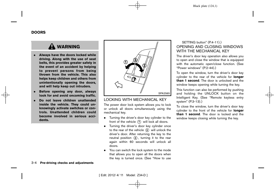 Doors -4, Warning | NISSAN 2013 370Z Roadster - Owner's Manual User Manual | Page 126 / 427