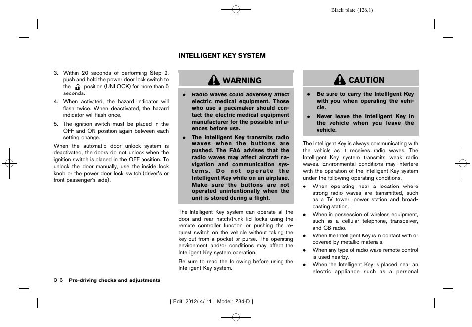 Intelligent key system -6, Warning, Caution | NISSAN 2013 370Z Roadster - Owner's Manual User Manual | Page 128 / 427