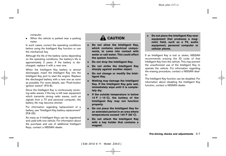 Caution | NISSAN 2013 370Z Roadster - Owner's Manual User Manual | Page 129 / 427