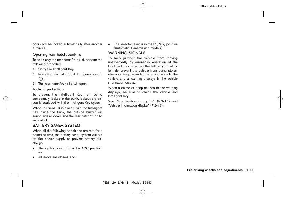 Battery saver system -11 warning signals -11 | NISSAN 2013 370Z Roadster - Owner's Manual User Manual | Page 133 / 427