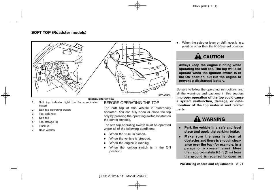 Soft top (roadster models) -21, Before operating the top -21, Caution | Warning | NISSAN 2013 370Z Roadster - Owner's Manual User Manual | Page 143 / 427