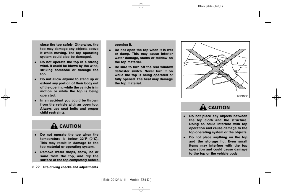 Caution | NISSAN 2013 370Z Roadster - Owner's Manual User Manual | Page 144 / 427