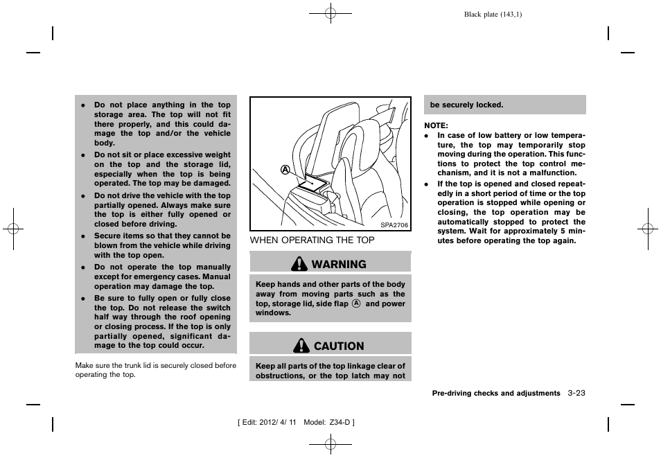 When operating the top -23, Warning, Caution | NISSAN 2013 370Z Roadster - Owner's Manual User Manual | Page 145 / 427