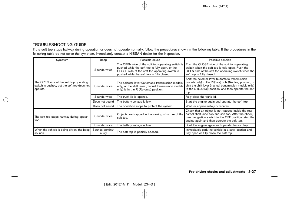 Troubleshooting guide -27 | NISSAN 2013 370Z Roadster - Owner's Manual User Manual | Page 149 / 427