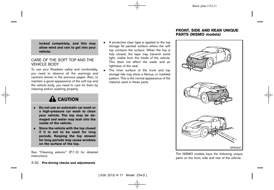 Care of the soft top and the vehicle body -32, Caution | NISSAN 2013 370Z Roadster - Owner's Manual User Manual | Page 154 / 427