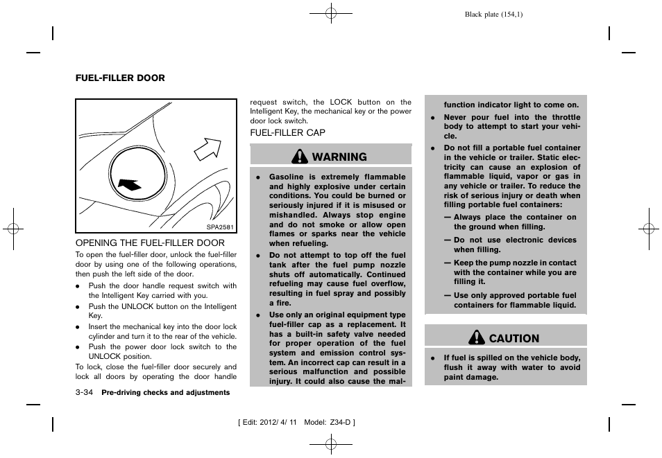 Fuel-filler door -34, Warning, Caution | NISSAN 2013 370Z Roadster - Owner's Manual User Manual | Page 156 / 427