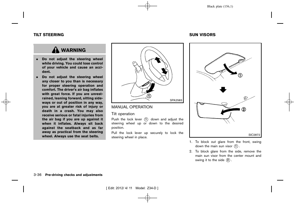 Tilt steering -36, Manual operation -36, Sun visors -36 | Warning | NISSAN 2013 370Z Roadster - Owner's Manual User Manual | Page 158 / 427