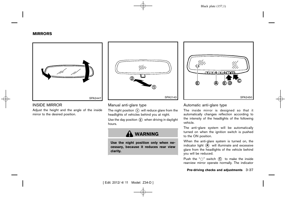 Mirrors -37, Inside mirror -37, Warning | NISSAN 2013 370Z Roadster - Owner's Manual User Manual | Page 159 / 427