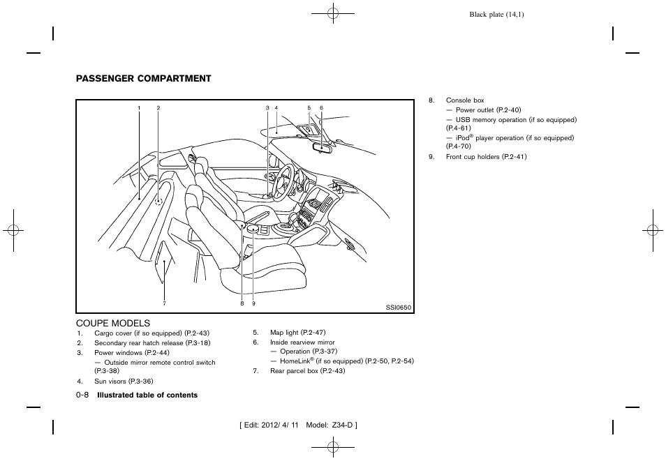 Passenger compartment -8, Coupe models -8 | NISSAN 2013 370Z Roadster - Owner's Manual User Manual | Page 16 / 427