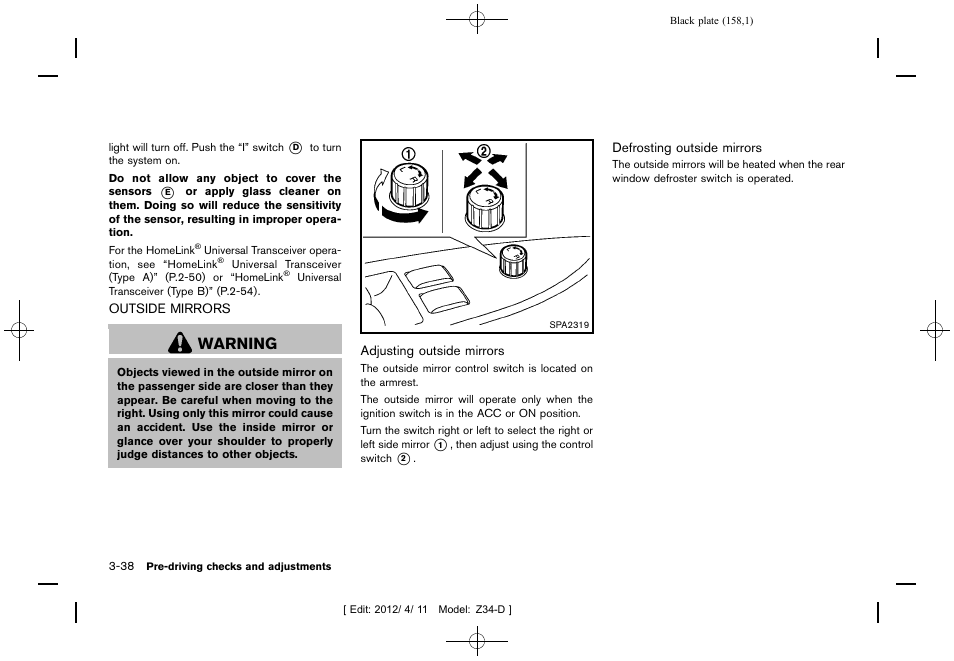 Outside mirrors -38, Warning | NISSAN 2013 370Z Roadster - Owner's Manual User Manual | Page 160 / 427