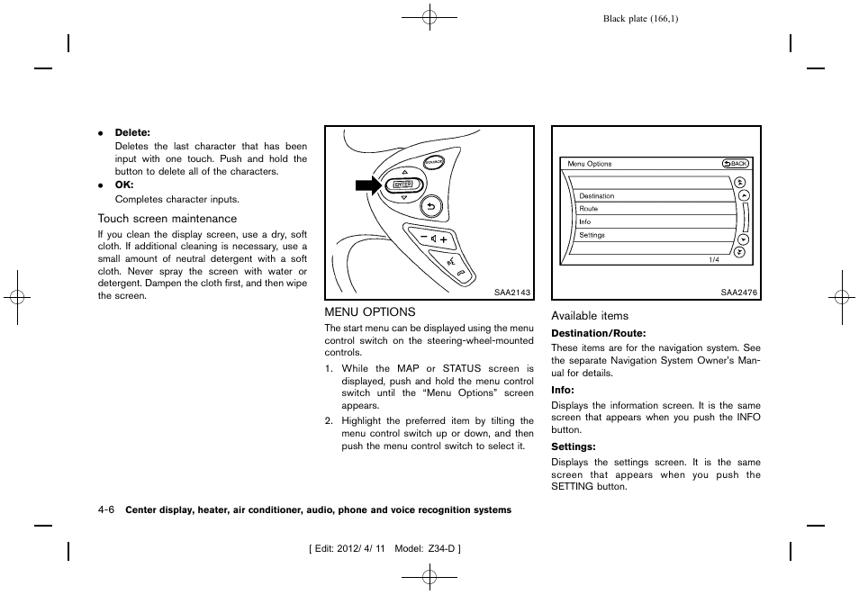 Menu options -6 | NISSAN 2013 370Z Roadster - Owner's Manual User Manual | Page 168 / 427