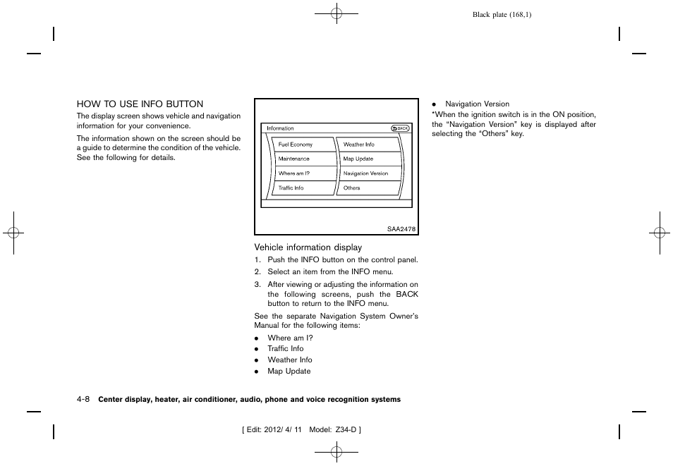 How to use info button -8 | NISSAN 2013 370Z Roadster - Owner's Manual User Manual | Page 170 / 427