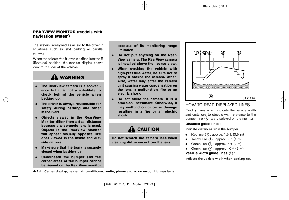 How to read displayed lines -18, Warning, Caution | NISSAN 2013 370Z Roadster - Owner's Manual User Manual | Page 180 / 427