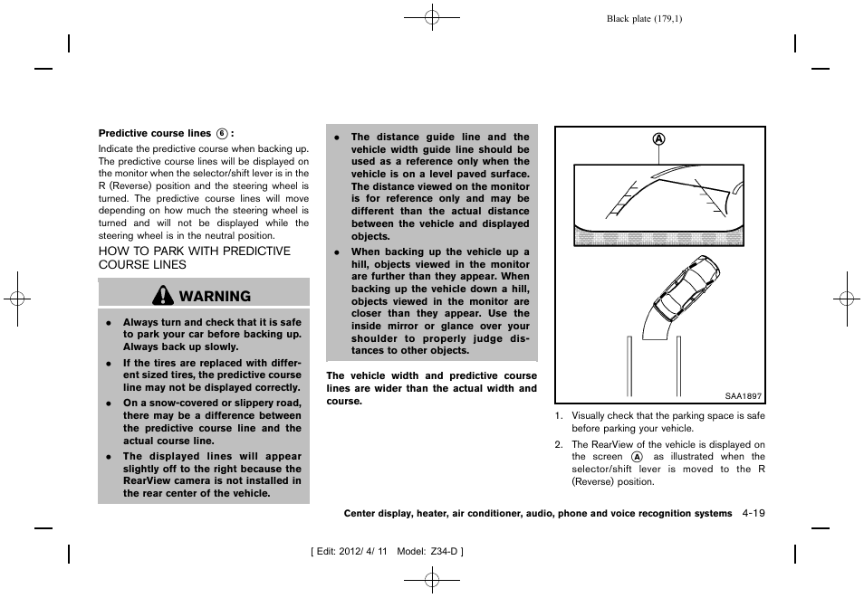 How to park with predictive course lines -19, Warning | NISSAN 2013 370Z Roadster - Owner's Manual User Manual | Page 181 / 427