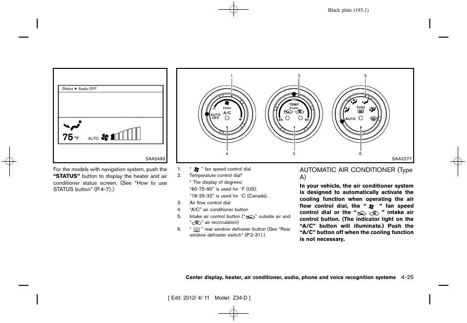 Automatic air conditioner (type a) -25 | NISSAN 2013 370Z Roadster - Owner's Manual User Manual | Page 187 / 427