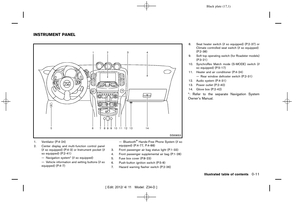 Instrument panel -11 | NISSAN 2013 370Z Roadster - Owner's Manual User Manual | Page 19 / 427