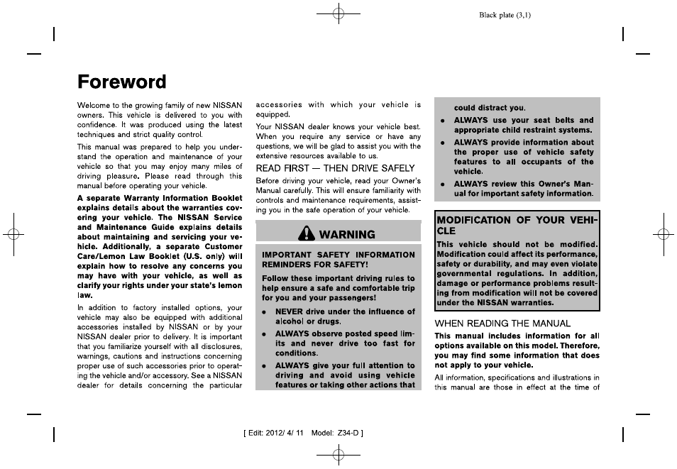 NISSAN 2013 370Z Roadster - Owner's Manual User Manual | Page 2 / 427