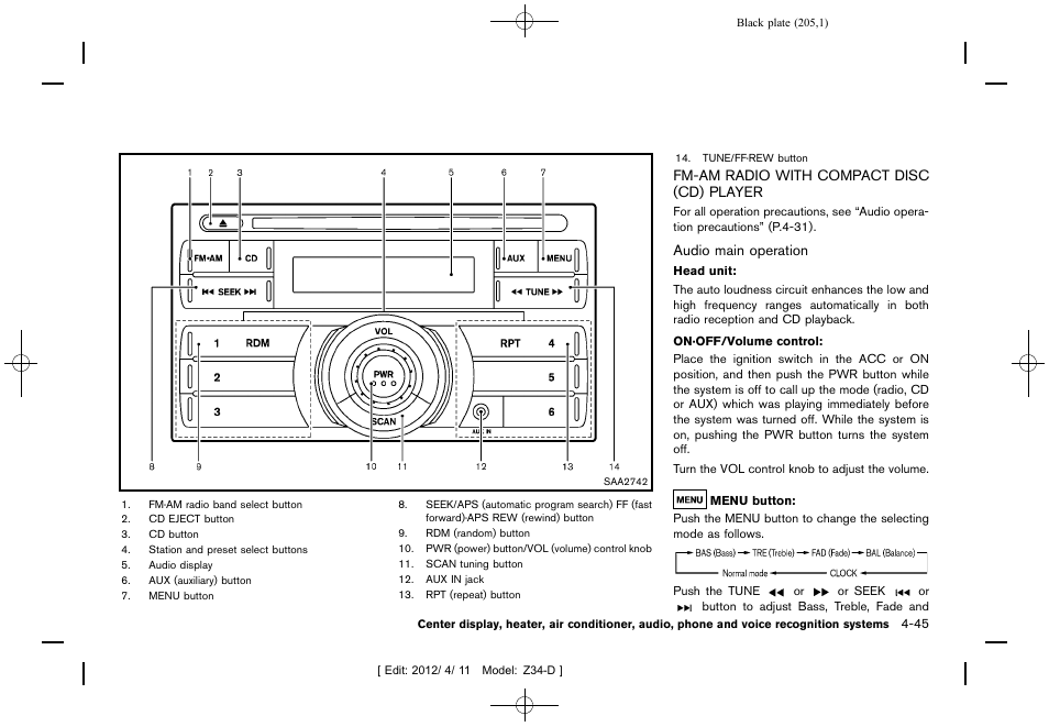 Fm-am radio with compact disc (cd) player -45 | NISSAN 2013 370Z Roadster - Owner's Manual User Manual | Page 207 / 427