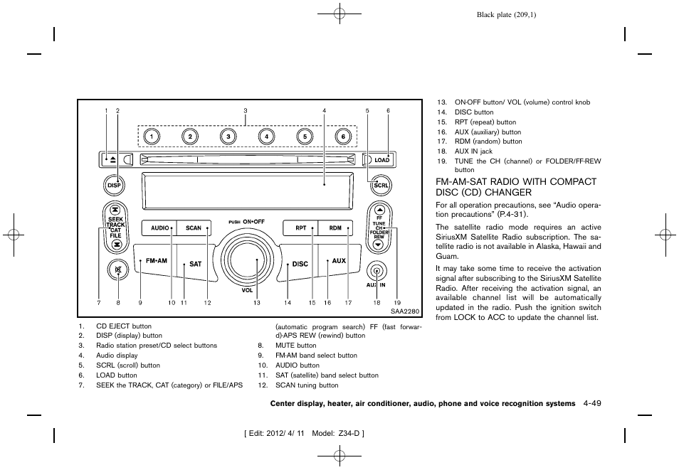 Fm-am-sat radio with compact disc (cd) changer -49 | NISSAN 2013 370Z Roadster - Owner's Manual User Manual | Page 211 / 427