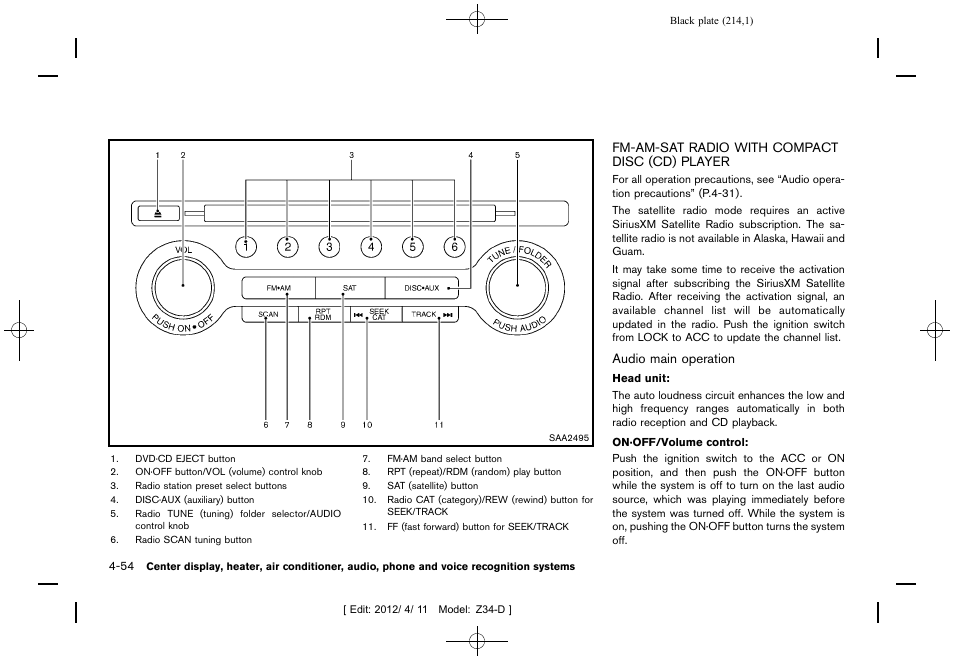 Fm-am-sat radio with compact disc (cd) player -54 | NISSAN 2013 370Z Roadster - Owner's Manual User Manual | Page 216 / 427