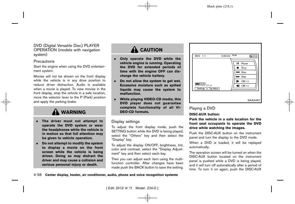 Warning, Caution | NISSAN 2013 370Z Roadster - Owner's Manual User Manual | Page 220 / 427