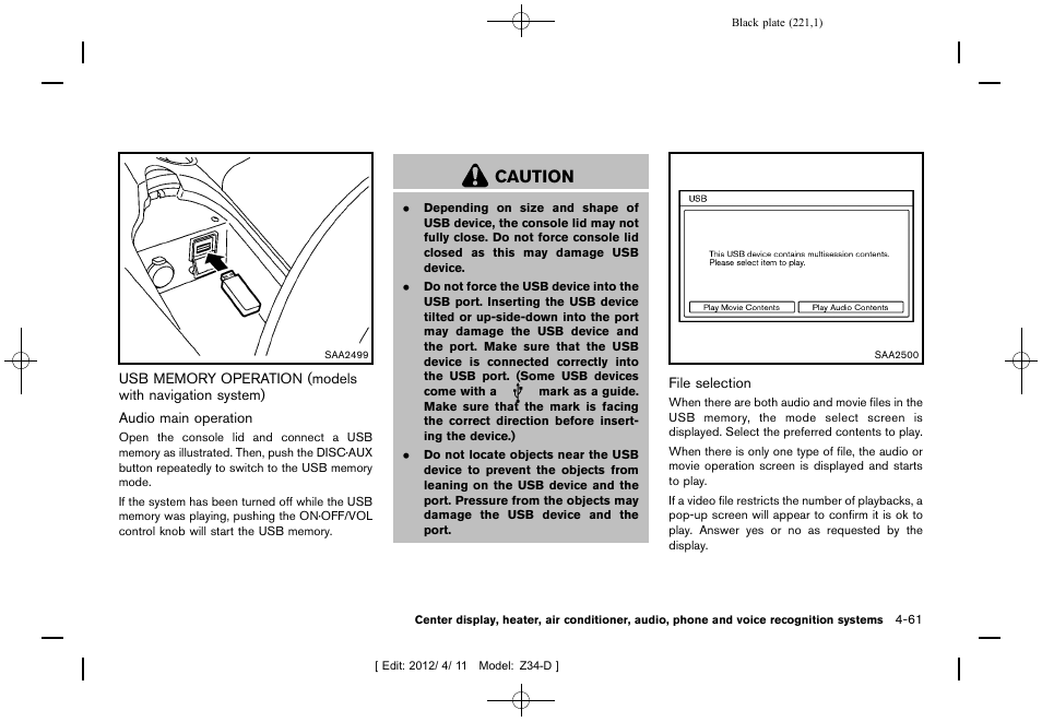 Caution | NISSAN 2013 370Z Roadster - Owner's Manual User Manual | Page 223 / 427