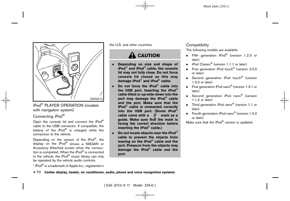 Ipod, Player operation (models with, Navigation system) -70 | Caution | NISSAN 2013 370Z Roadster - Owner's Manual User Manual | Page 232 / 427