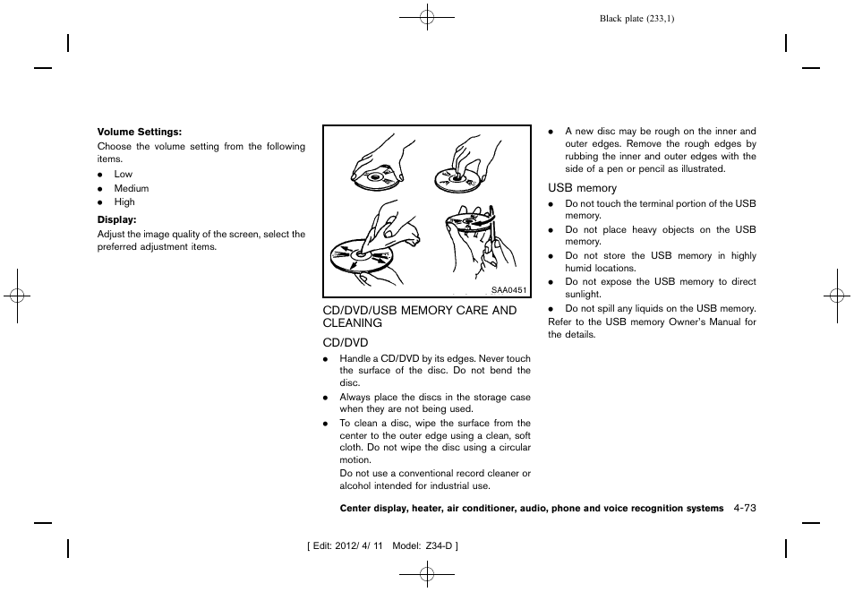 Cd/dvd/usb memory care and cleaning -73 | NISSAN 2013 370Z Roadster - Owner's Manual User Manual | Page 235 / 427