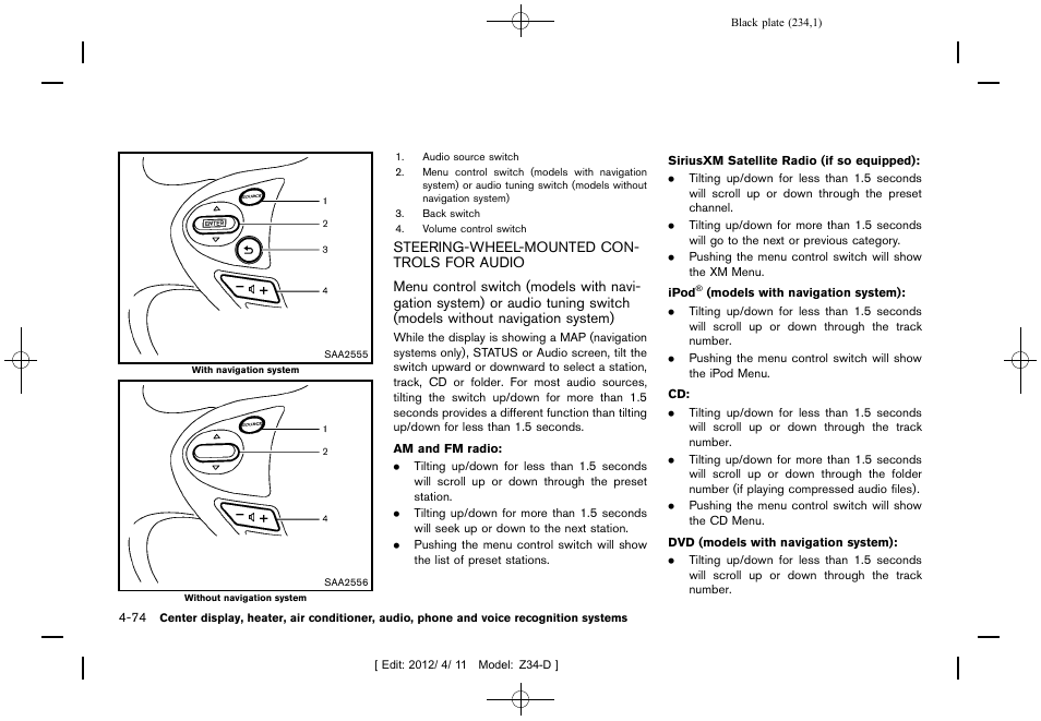 Steering-wheel-mounted controls for audio -74 | NISSAN 2013 370Z Roadster - Owner's Manual User Manual | Page 236 / 427