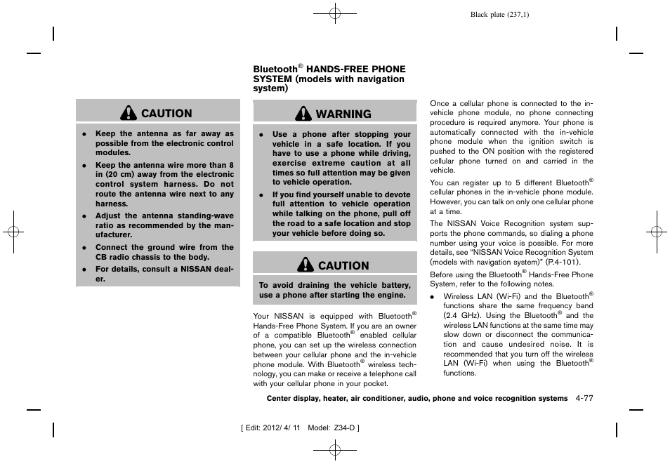 Bluetooth, Hands-free phone system (models with, Navigation system) -77 | Caution, Warning | NISSAN 2013 370Z Roadster - Owner's Manual User Manual | Page 239 / 427