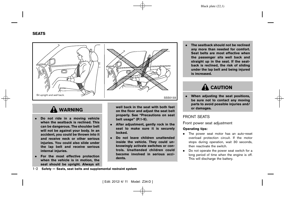 Seats -2, Front seats -2, Warning | Caution | NISSAN 2013 370Z Roadster - Owner's Manual User Manual | Page 24 / 427