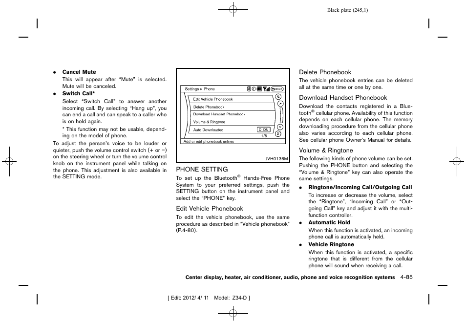 Phone setting -85 | NISSAN 2013 370Z Roadster - Owner's Manual User Manual | Page 247 / 427