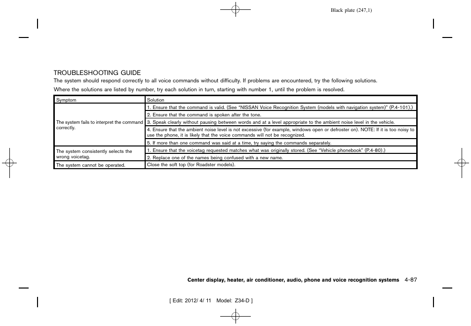 Troubleshooting guide -87 | NISSAN 2013 370Z Roadster - Owner's Manual User Manual | Page 249 / 427