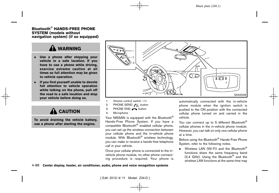 Bluetooth, Hands-free phone system (models without, Navigation system) (if so equipped) -88 | Warning, Caution | NISSAN 2013 370Z Roadster - Owner's Manual User Manual | Page 250 / 427