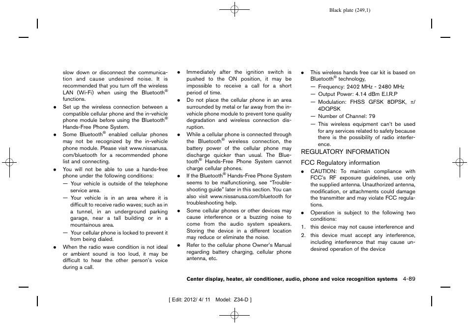 Regulatory information -89 | NISSAN 2013 370Z Roadster - Owner's Manual User Manual | Page 251 / 427