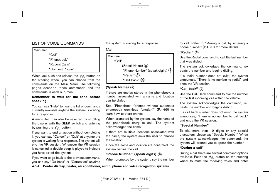 List of voice commands -94 | NISSAN 2013 370Z Roadster - Owner's Manual User Manual | Page 256 / 427