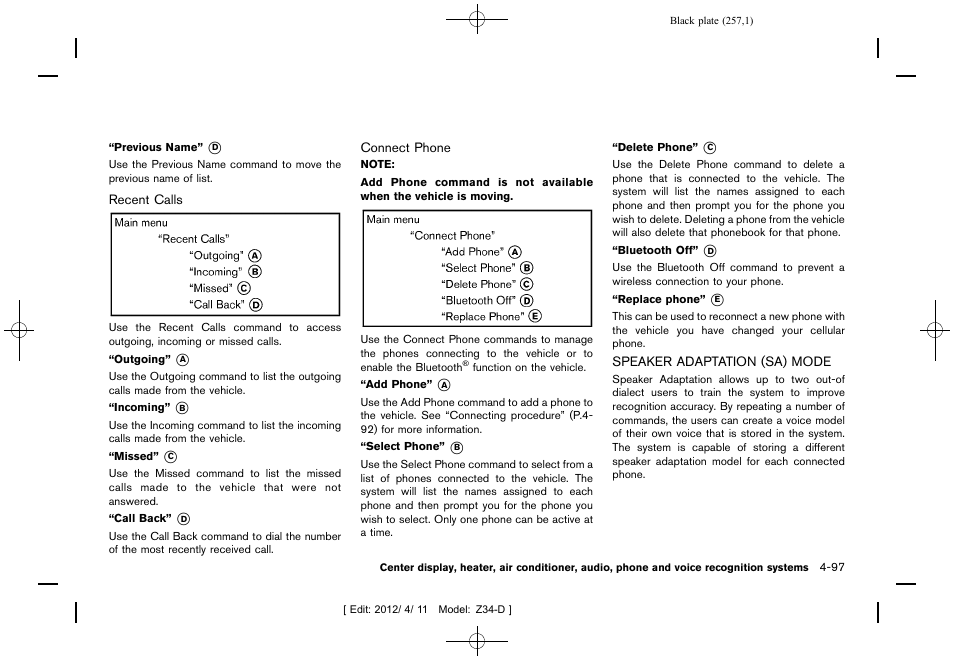 Speaker adaptation (sa) mode -97 | NISSAN 2013 370Z Roadster - Owner's Manual User Manual | Page 259 / 427