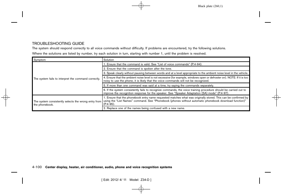 Troubleshooting guide -100 | NISSAN 2013 370Z Roadster - Owner's Manual User Manual | Page 262 / 427